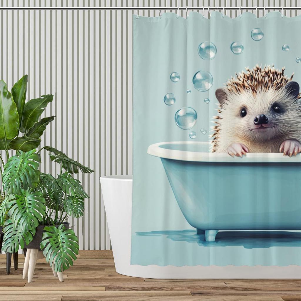 Funny Hedgehog Shower Curtain Hedgehog Bathing In Bathtub Cute Animal Puppy Pet Hilarious Shower Curtain Bathroom Set