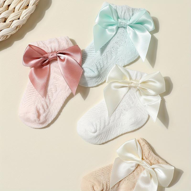 4Pairs Baby Bow Socks Princess Girl Summer Mesh Stockings Sweat-absorbing Breathable Infant Cotton Sock 0-2year Newborn Footwear