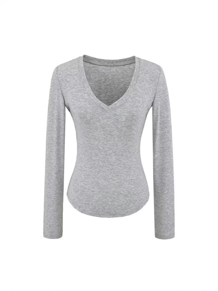 Korean V-Neck Long-Sleeve Slim Fit Sheer T-Shirt for Women - Autumn Essential