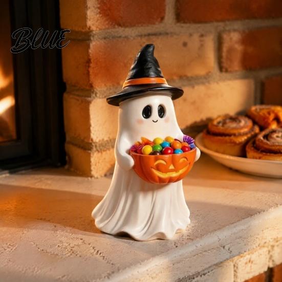 Small Figurines for Bedroom Resin Ghost Statue with Pumpkin Candy Bowl Halloween Table Decor Decorations Cute Desktop Organizer Living Room