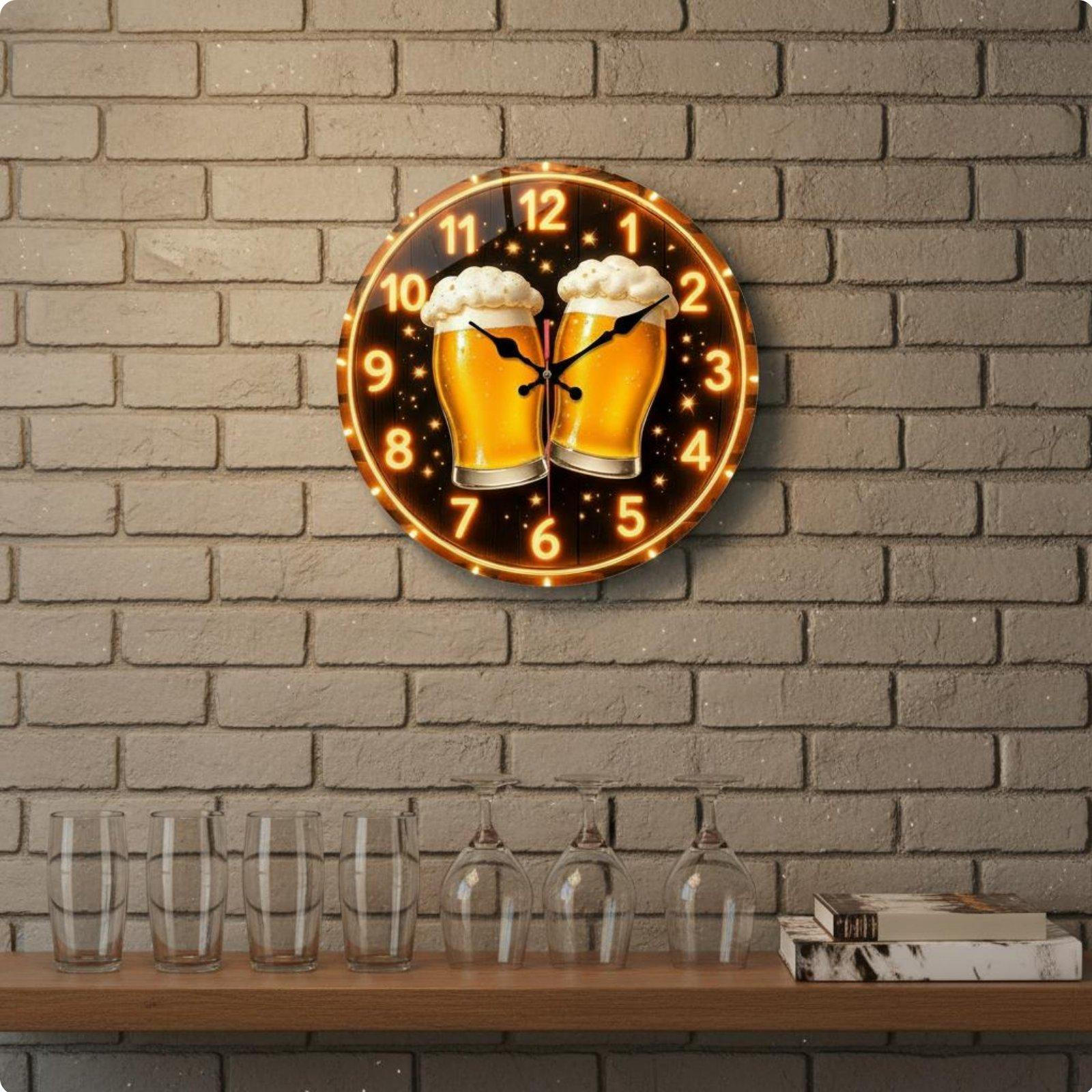 Beer Mug Wall Clock Noiseless Mechanism Themed NonTicking for Men, Pub, Game Room,