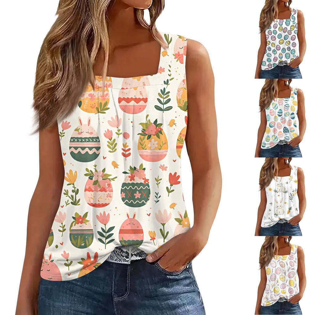 Women's Fashion Casual Pleated Square Collar Sleeveless Vest Print Summer T-shirt