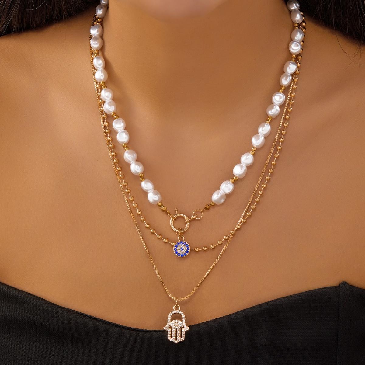 

Multi-layer Evil Eye Hamsa Hand Pendant Necklace For Women Men Vintage Lucky Demon Eyes Imitation Pearl Choker Amulet Jewelry
