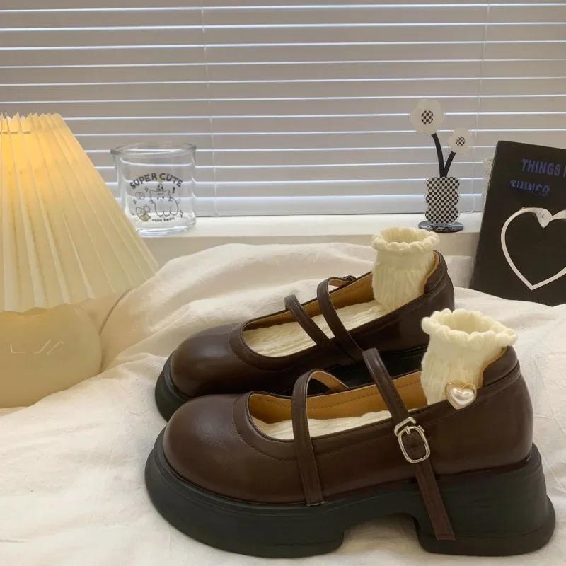 Retro Brown Versatile Thick Bottom Small Leather Shoes Women Spring Autumn Shallow Mouth Thick Heel French Style Mary Jane Shoes