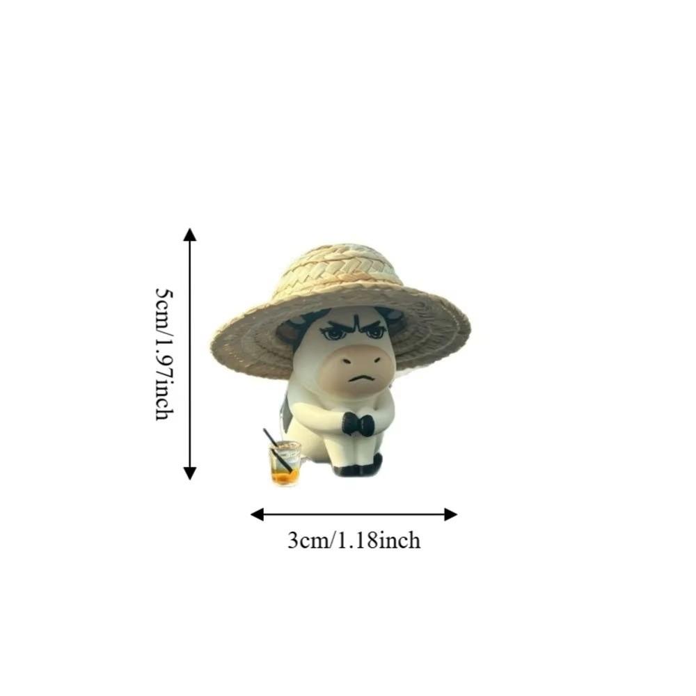 Straw Hat Weirdly Cow Figurine Decorative Dashboard Ornament Desk Decor Figurine Desk Decoration