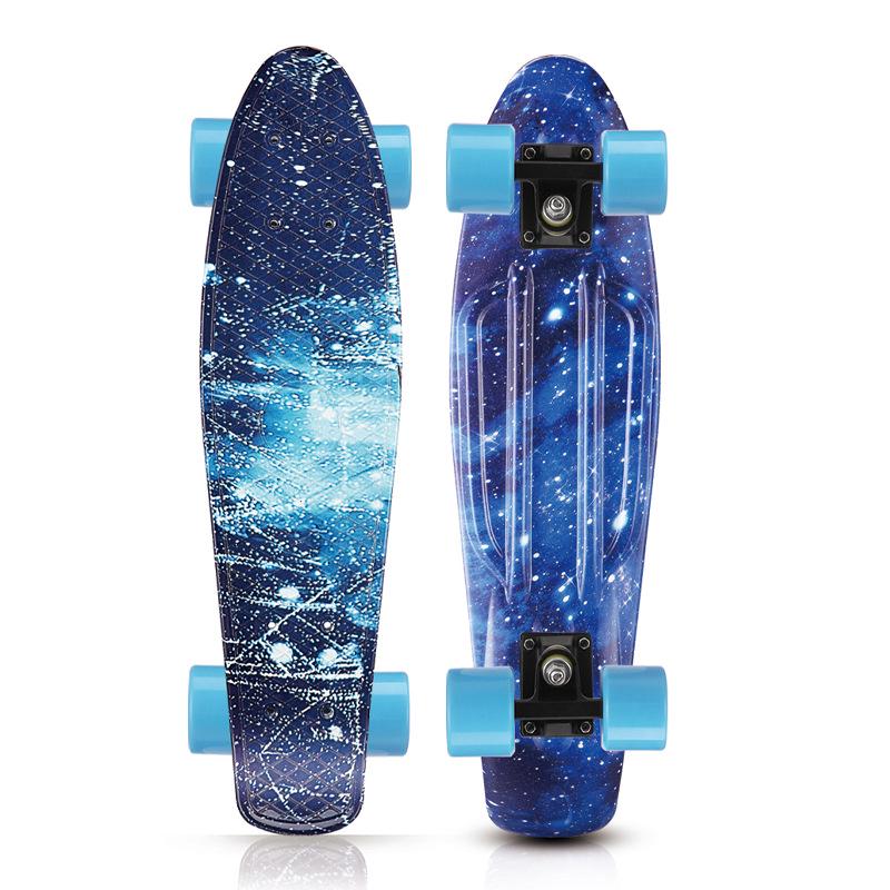 22" Beginner Adult Skateboard with Plastic Deck, Single Kick, and Water Transfer Design for Street Cruising.