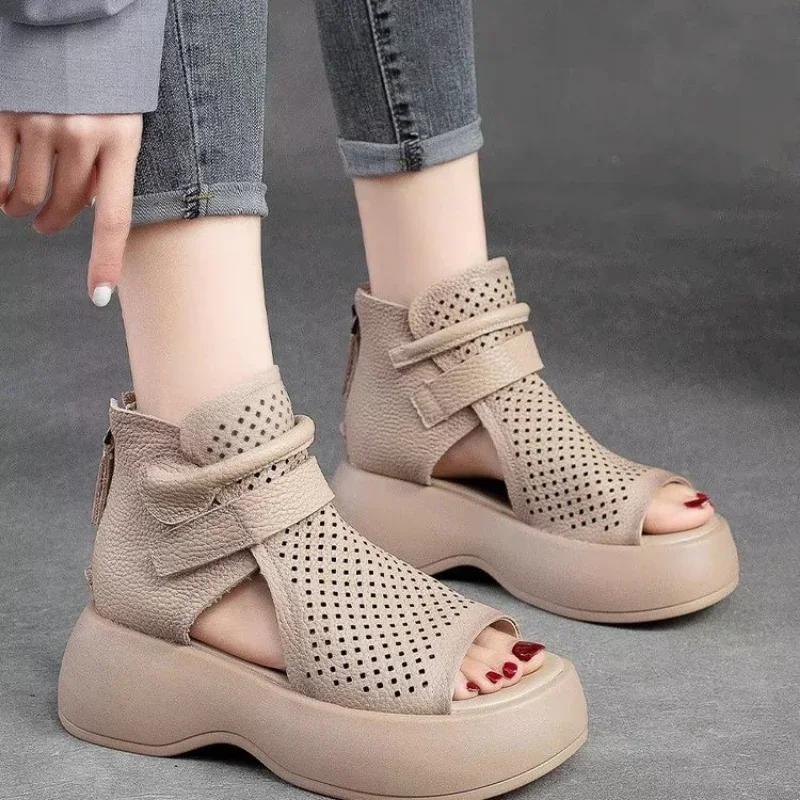 Women Summer Sandals Roman High Heels Shoe Ladies Vintage Genuine Leather Thick Bottom Sandalias  Feminino Footwear