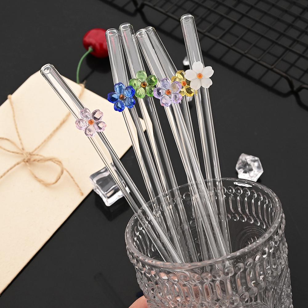 Flower Glass Straws Straight Bend Straws Eco Friendly Reusable Clear Straw for Smoothies Cocktails Drinking Bar Party Tool
