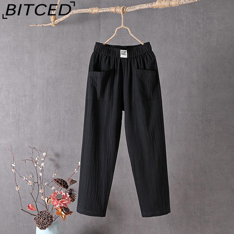BITCED Summer Women Trousers Casual Cotton Linen Pants Loose Straight Trousers Nine Point Harem Pants