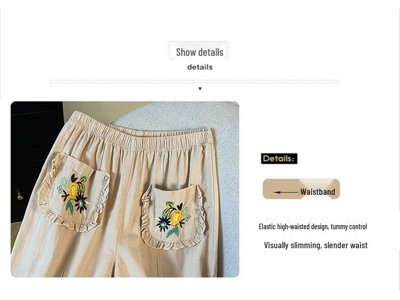 Japanese Mori Girl Embroidered Cotton Linen Wide-Leg Crop Pants - Summer Casual Wear for Women