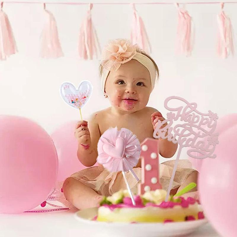 5pcs Pink Heart Happy Birthday Cake Topper Birthday Cake Topper Lovely Heart Cupcake Toppers Picks Cake Decorations for Birthday