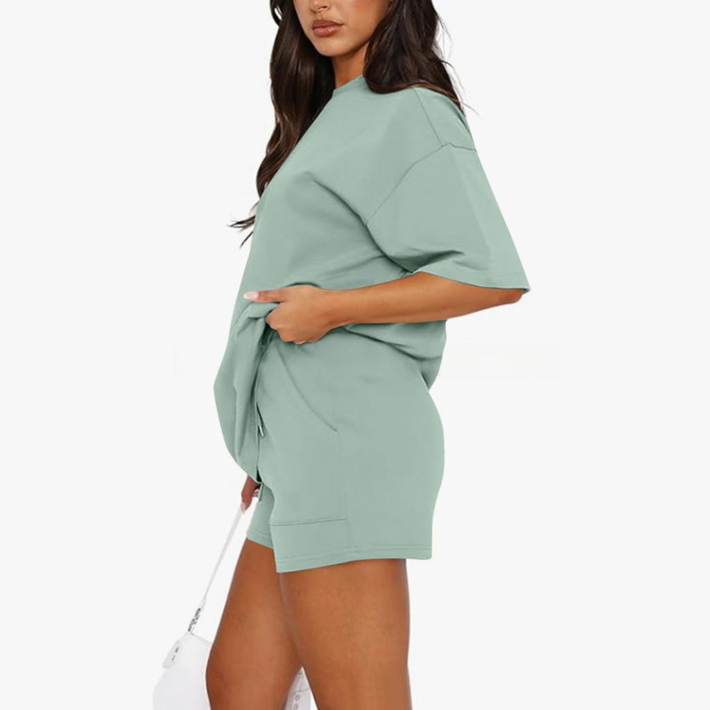 Verão Feminino Solto Praia Férias Lazer Regata Gola Redonda Camisa Elegante Manga Curta Shorts