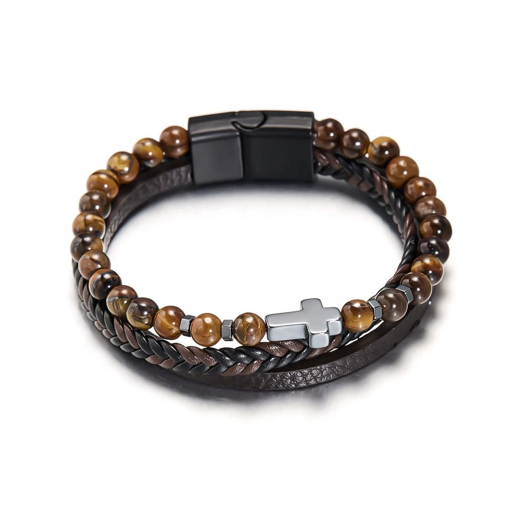 

Cross Decoration Bracelets With Woven Leather Band For Travel Gift Brown