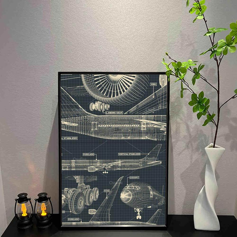 Aircraft Mechanical Blueprint Poster Wall Art Print Poster Decorative Mural Modern Home Decor Birthday Gift Unframed Canvas Gara