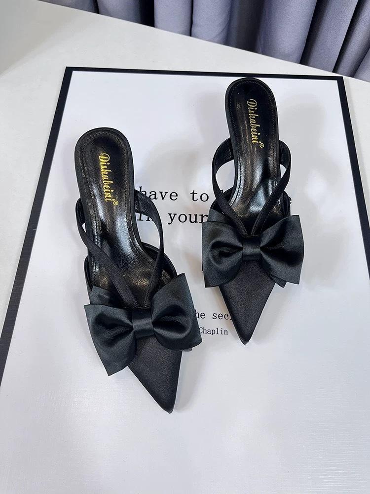 Bow Bag Head Half Slippers Women's 2025 Summer New Satin-faced Stiletto Slippers Pointed Stiletto Empty Slippers