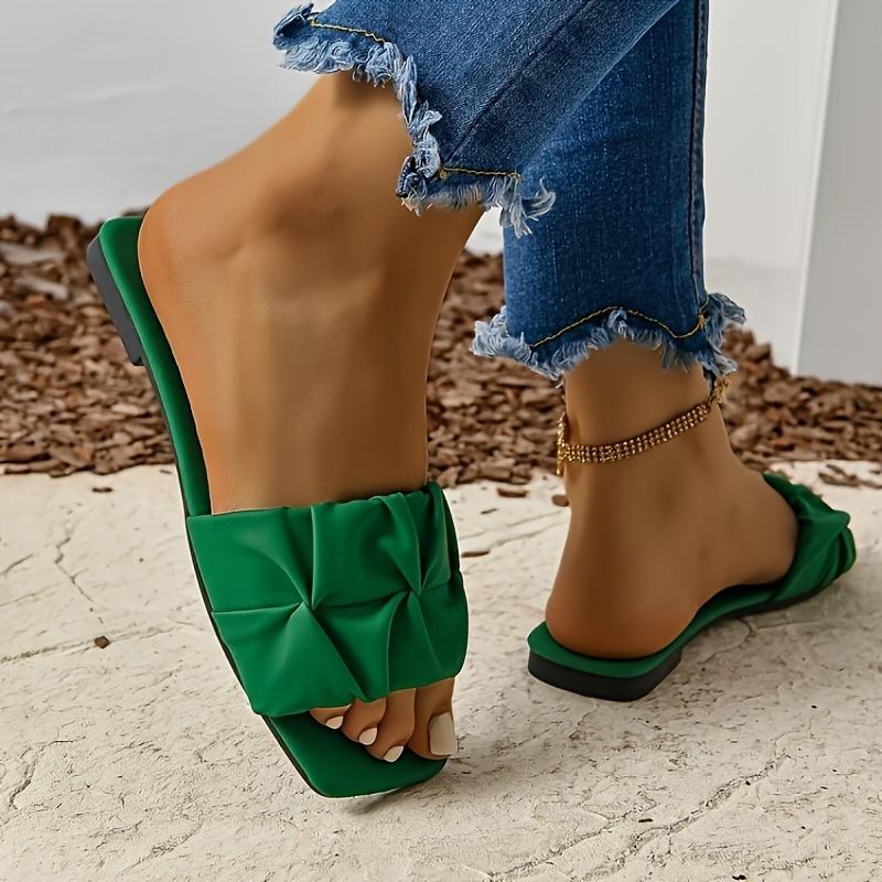 Women's Pleated Design Slippers Sandals Casual Square Open-toed Flat Summer Shoes Lightweight Slippers