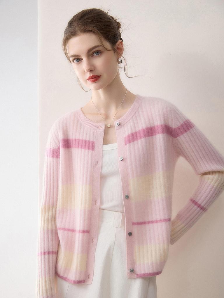 Women's 100% Pure Cashmere Color Block Stripe Cardigan - Round Neck, Single-Breasted, Soft & Fashionable Knit Top