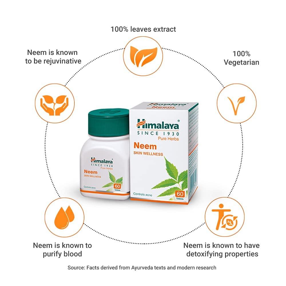 Himalaya 3 x Neem Skin Wellness Tablets For Clear Skin & Detox Support, 60 Count Each Herbal Supplement | Total 180 Tablets