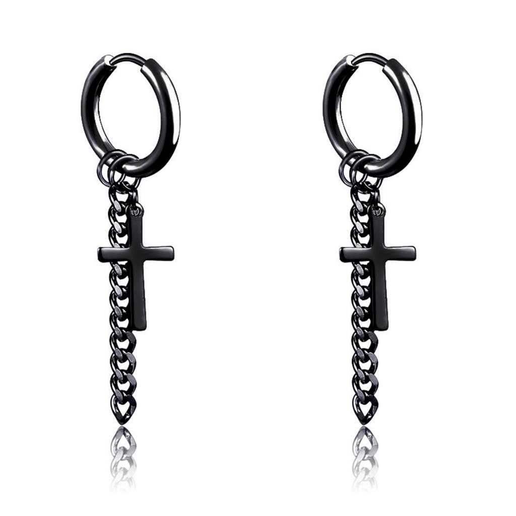 Punk Cross Chain Rock Men Women Hip-hop Black Stainless Steel Tragus Piercing Hoop Street Pop Earring Guys Accessories Jewelry