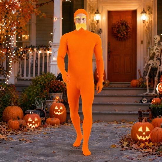 Xiaobudian Face Open Halloween Costume, Unisex Full Body Orange Bodysuit with Beard Eyebrows for Men Women, Adult Stretchy Cosplay Jumpsuit Party