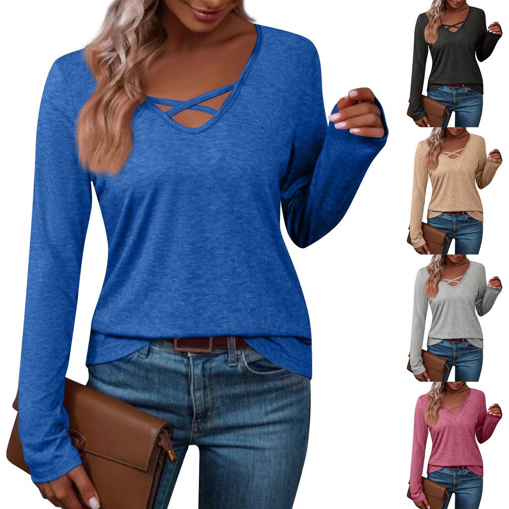 Women's V-neck Solid Color Casual Loose Long Sleeve T-shirt Top