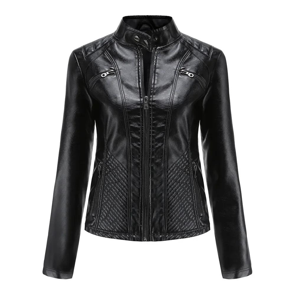 Women's Leather Coat Fashion Trend Simple Autumn Winter Stand Collar Zipper PU Leather Motorcycle Jacket for Women