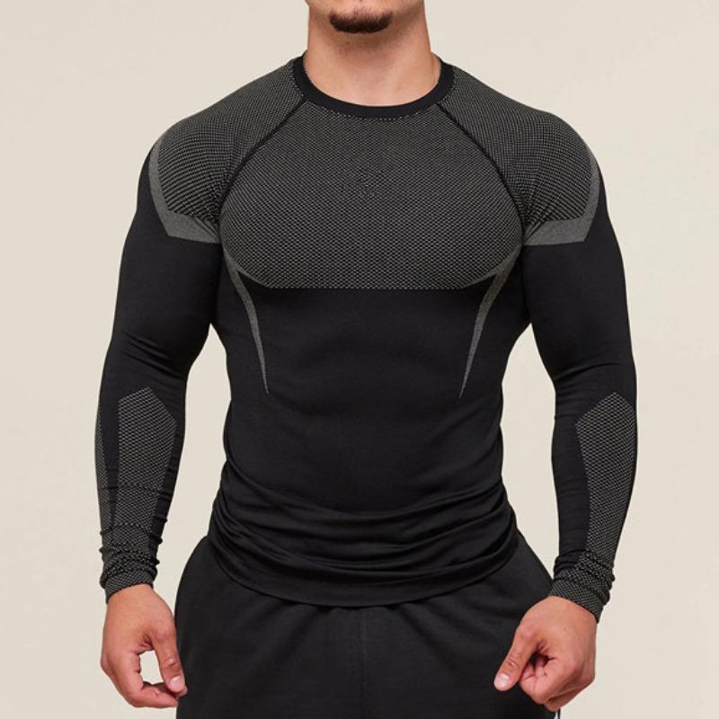 Herren Langarm Kompressionsshirt Mesh-Einsatz Feuchtigkeitsableitend Sportlich Fitness Enges Oberteil