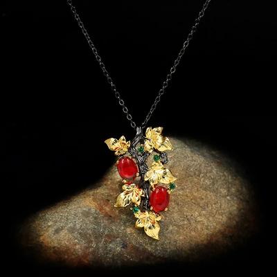 New Style 925  Ladies Pendant Necklace Winding Branches Ruby Flower Clavicle Chain Elegant All-match Sweater Chain