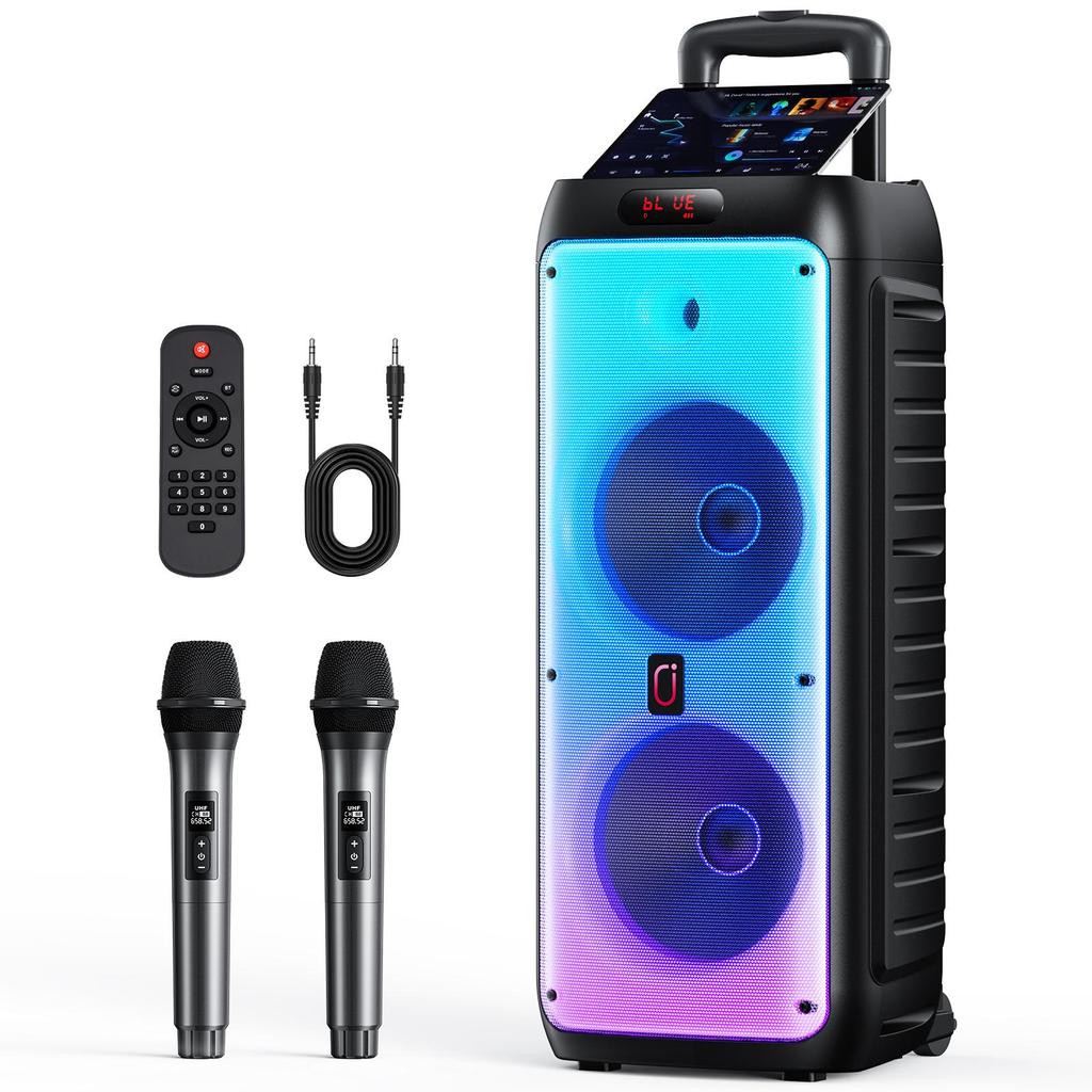 T38 Large Bluetooth Speaker, Wireless Speaker with Wheels and Push Rod, Karaoke Machine with Two Microphones With Tws