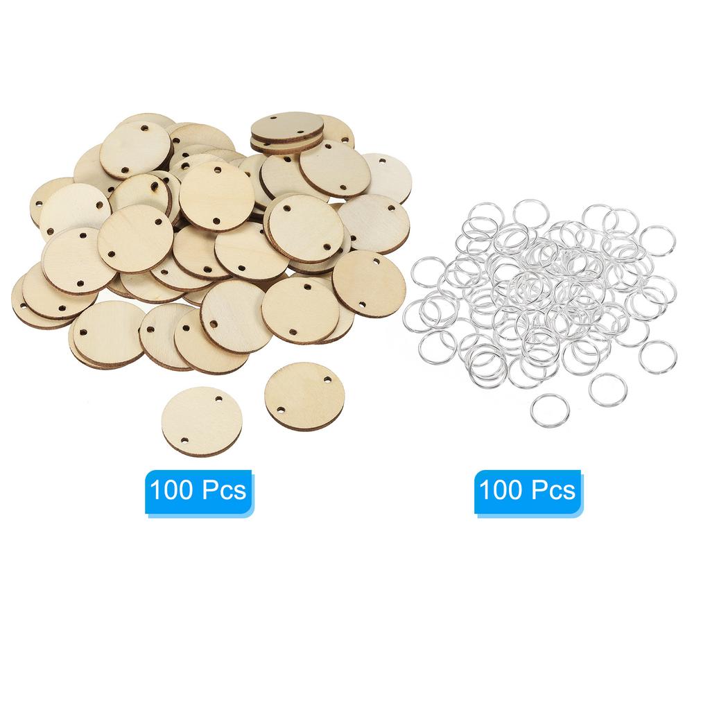 Wood Circles 100 Pack Round Wooden Discs with Holes and Rings Unfinished Wooden Circles Blank Wood Rounds for Crafts Board Tags