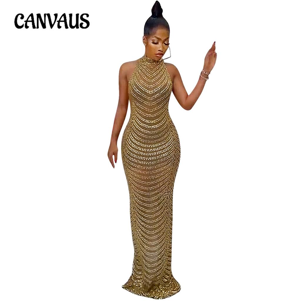 Women's Dress Fashion Sexy Backless Nightclub Party Dresses Hot Drilling See Through Long Dresses