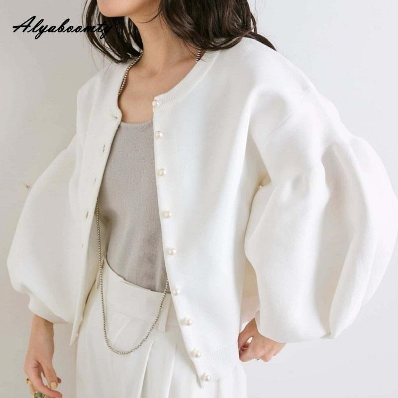 Maglione Autunno Inverno Ulzzang Coreano Donna Blu Rosa Nero Albicocca Maglia Cardigan Manica a Lanterna Lavorato a Maglia Capispalla Elegante