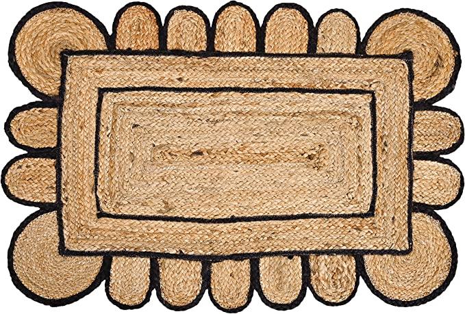 

Плетеный джутовый декор с зубчатой черной каймой Коллекция классического качественного натурального ручного тканого коврика 90cm x 150cm естественный