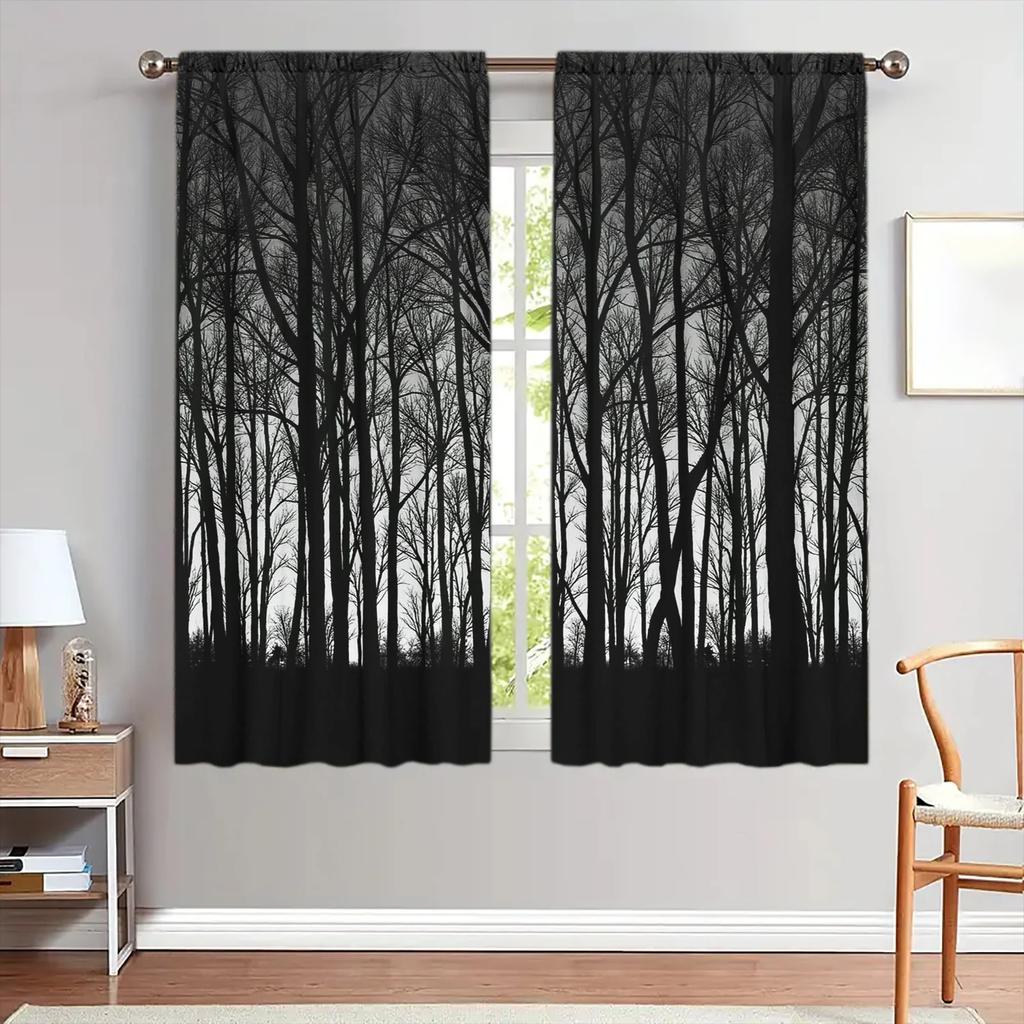 2 Panels Nordic Style Birch Tree Pattern Window Curtains - Artistic Home Decoration Curtains   All Season Decorative Curtains