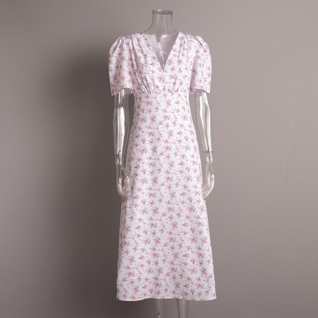 Summer New Women's V-neck Structured Shoulder High Waist Long Floral Print Short Sleeve Dress, European & American Style