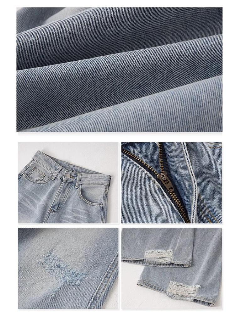 Spring/Summer 2024 Light Ripped High-Waist Wide-Leg Jeans for Women