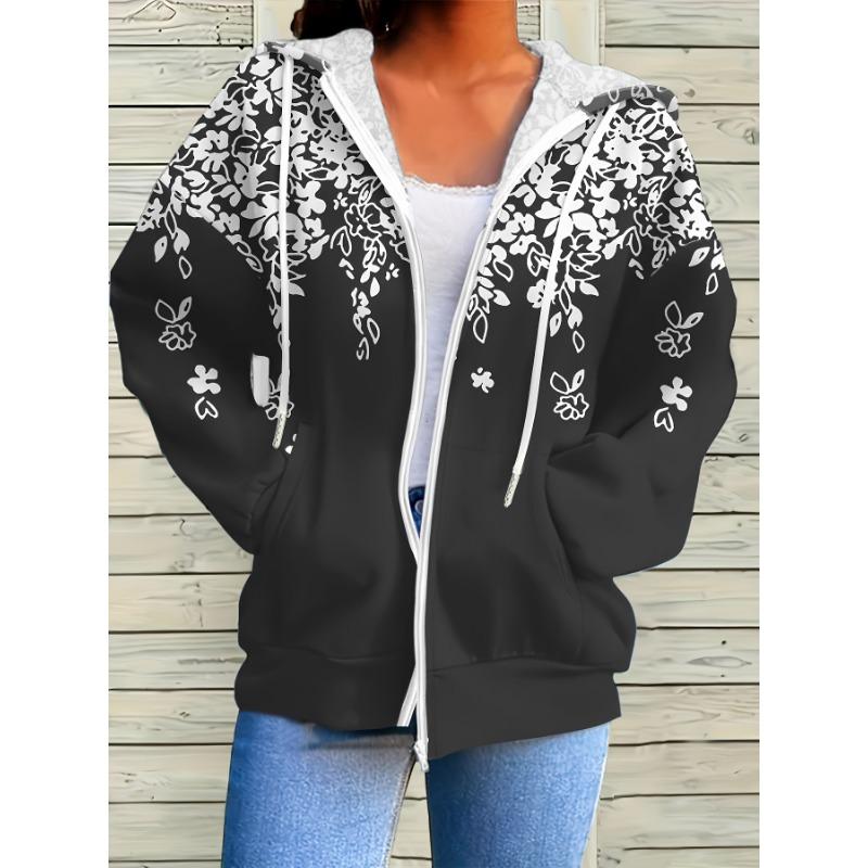 Plus Size Floral Print Zip-Up Hoodie for Women Stylish Comfortable Warm Casual Outerwear with Pockets