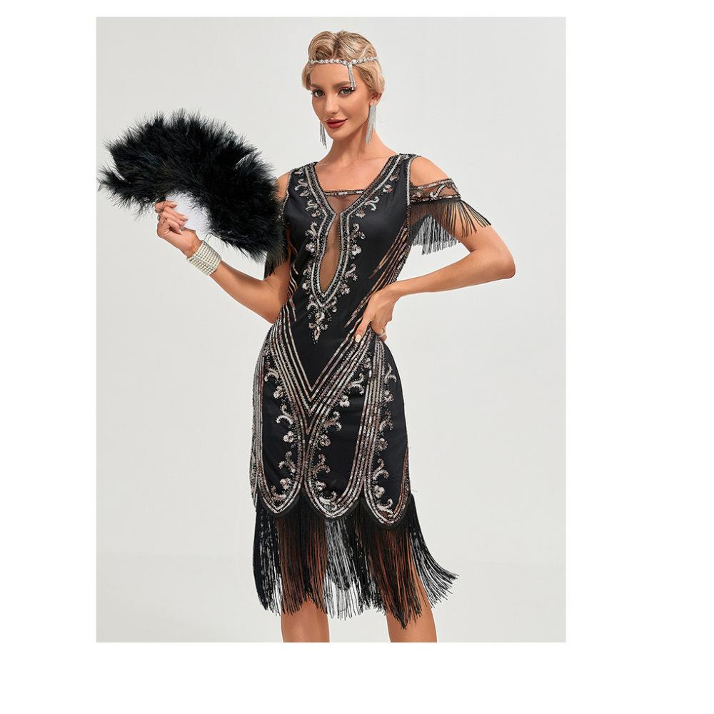 1920S Retro Ball Embroidered Fringed Dress Cocktail Party Large Size Sequined Beaded Mesh Dress