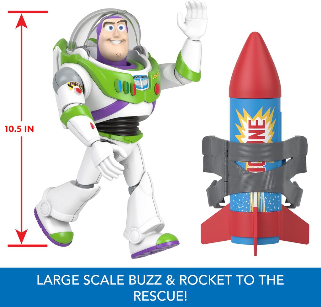 Mattel Disney & Pixar Toy Story Buzz Lightyear 12-inch Scale Action Figure Toy with Rocket, Phrases & 20 Sounds, Rocket Rescue Pack, Buzz Pack, HTR73