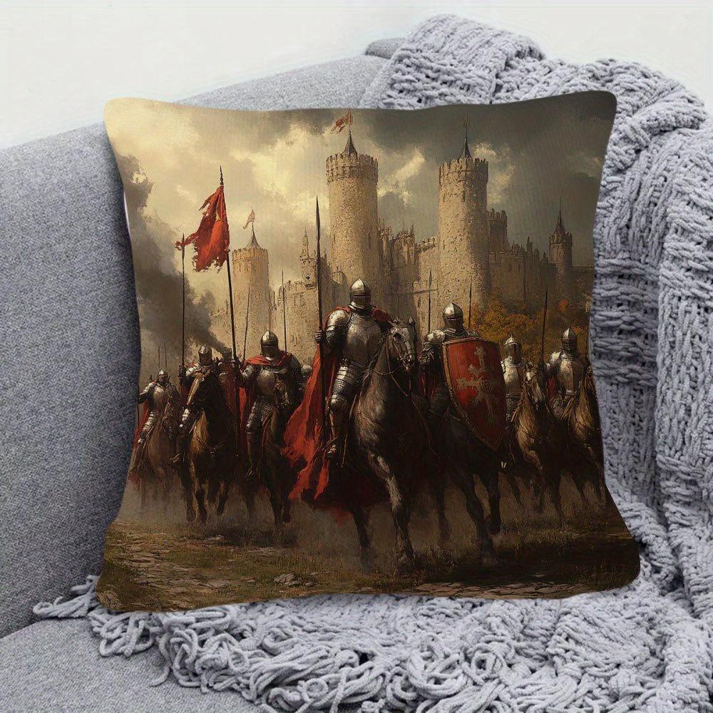 1Pc Medieval Knights Pillow Cover, 18X18 Inch, Short Plush Decorative Cushion Case With Zipper Closure, Single-Sided Print, Poly