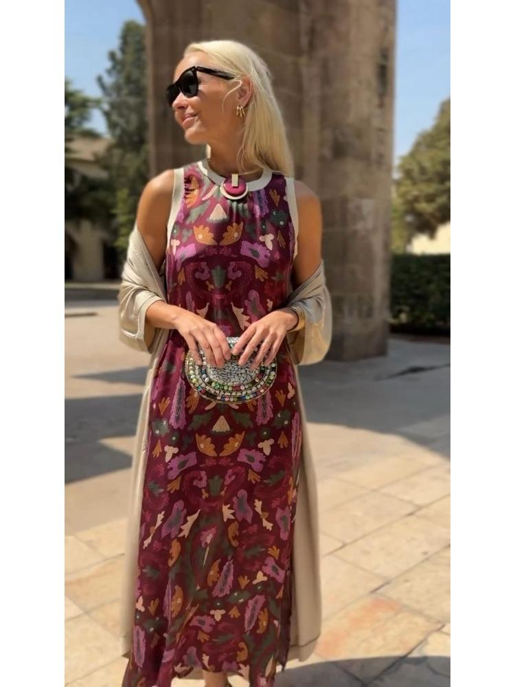 Women's Bohemian Floral Print Sleeveless Dress with Matching Long Red Cape
