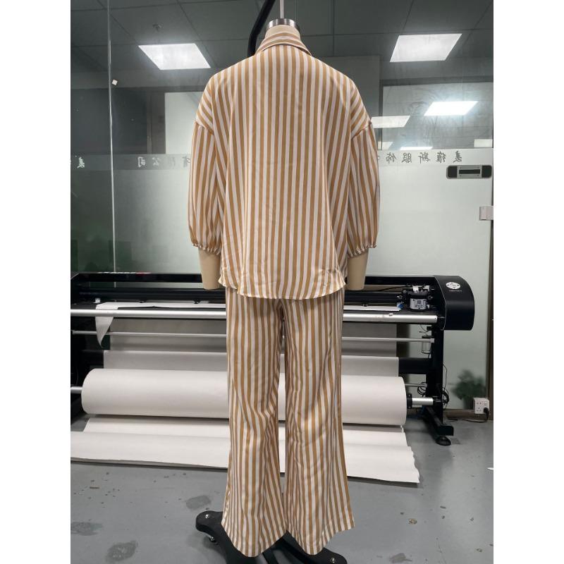 Women Fashion Striped Long Sleeve Shirt Loose Pants Two Piece Casual Set