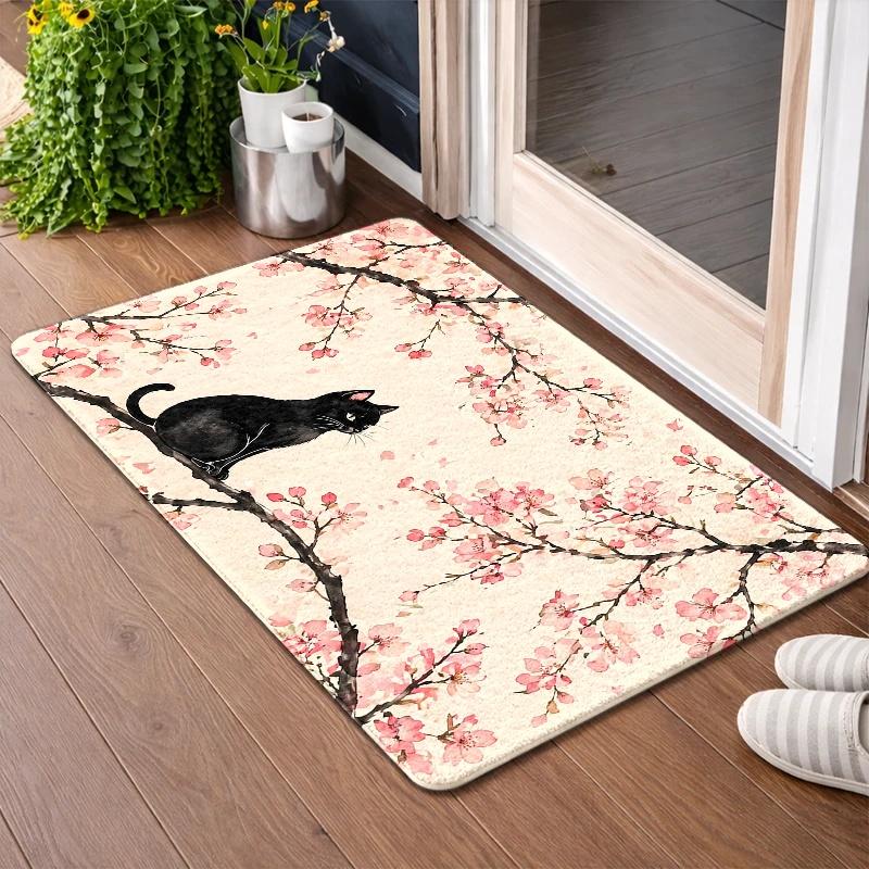 Delicate Pink Bloom Feline Design Anti Skid Welcome Mat Entryway Carpet Durable Waterproof Design Oriental Aesthetic
