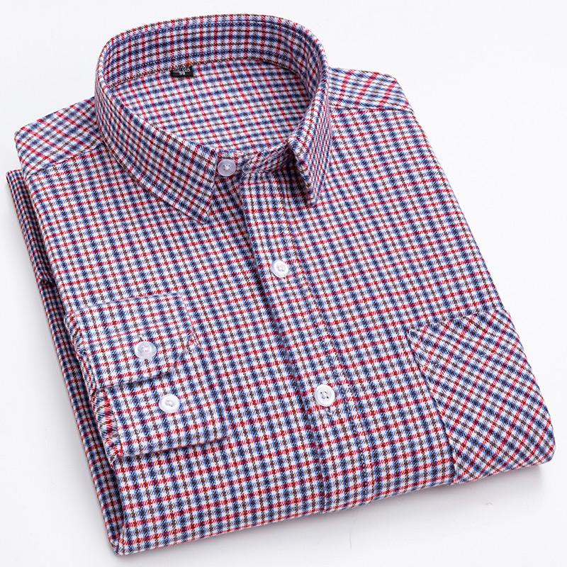 Men's Fashion 100% Cotton Thick Brushed Flannel Shirts Single Patch Pocket Long Sleeve Standard-fit Plaid Checkered Casual Shirt