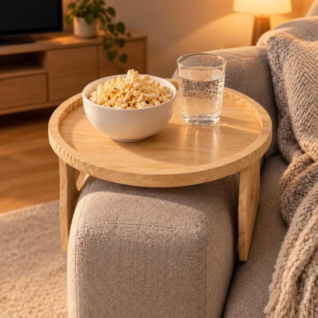 Sofa Arm Tray with Folding Legs Solid Wood Raised Rim Finish