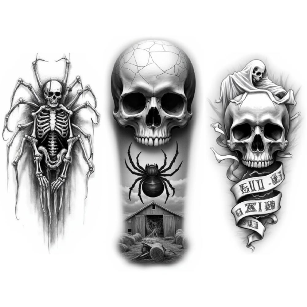 3 Stück Temporäre Tattoos Realistische Temporäre Tattoos Skelett mit Kapuze Spinnenkopf Totenkopf Drachenschädel Für Männer Erwachsene Oberschenkel