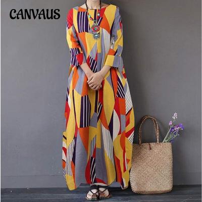 Primavera e outono algodão linho plus size vestido para mulheres impressão estilo country retro solto em torno do pescoço vestidos longos