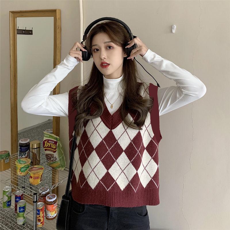 

Женский вязаный жилет с V-образным вырезом в стиле аргайл - Французский ретро-стиль для весны и осени XXL вино красного