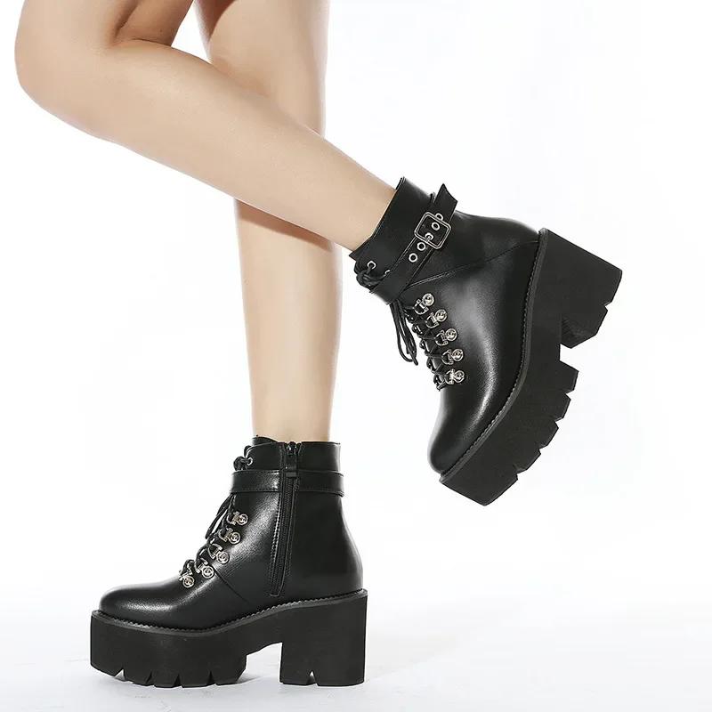 Fashion Platform Chunky Heels Autumn Fashion Cool Gothic Cosplay Boots Women Street Black Ankle Boots Shoes Buckle Strap Size 43