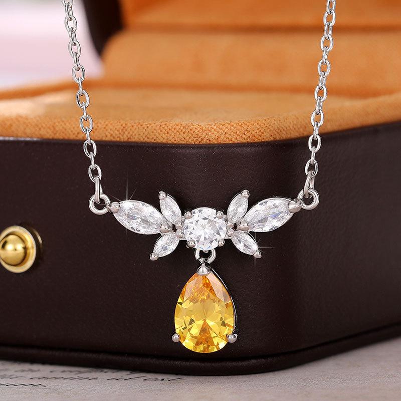 Women Yellow Teardrop Pendant Necklace with Sparkling Stone Cluster Elegant Silver Tone